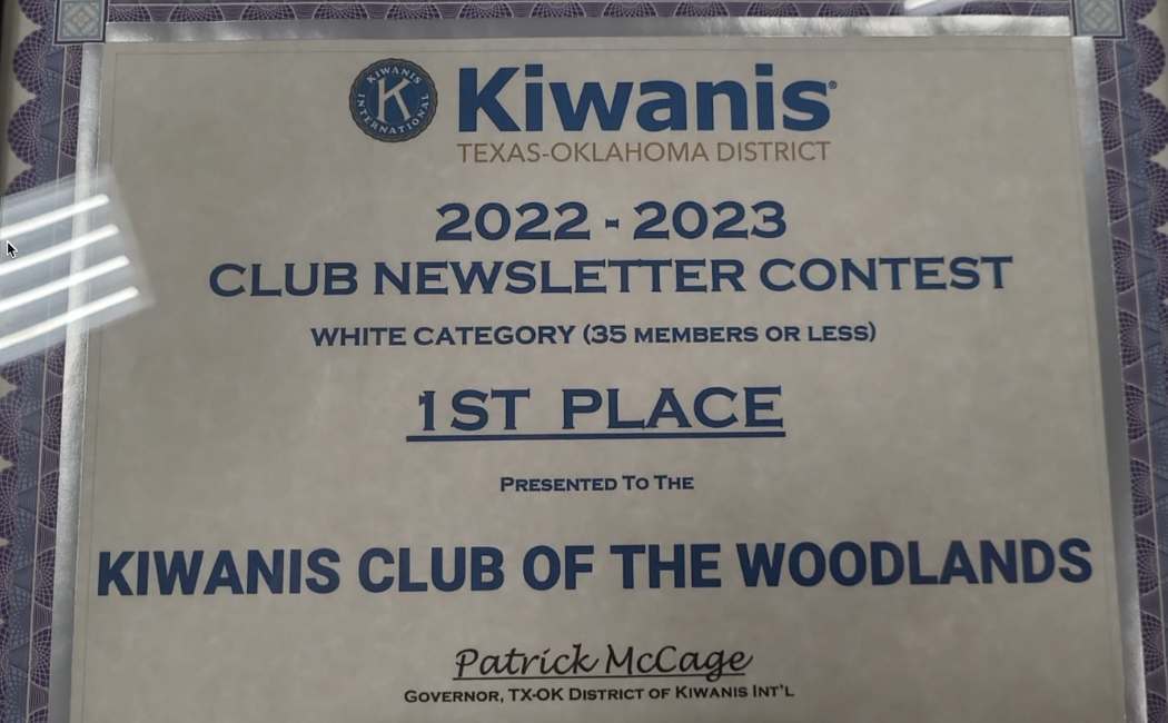 Woodlands Kiwanis Newsletter Award